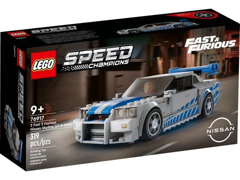 Lego 2 Fast 2 Furious Nissan Skyline GT-R (R34) 76917 box art, front view with the grey and blue car and Brian O'Conner minifigure.