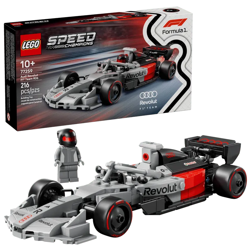 Combined image of the LEGO Audi Revolut F1 Team R26 Race Car 77259 box and the assembled car with its driver minifigure, highlighting the complete product.