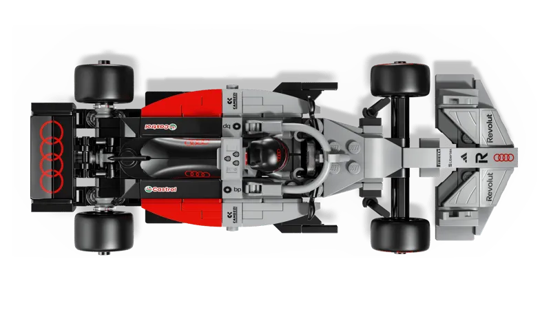 Top-down view of the LEGO Audi Revolut F1 Team R26 Race Car 77259, showing the full chassis, driver's cockpit, and sponsor details.