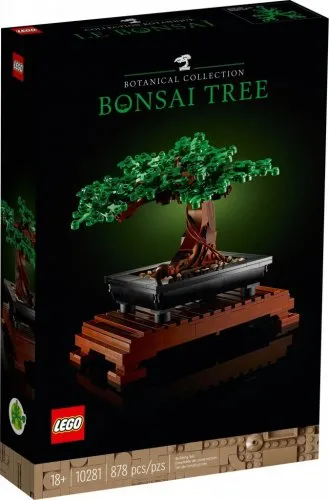 The front of the LEGO Bonsai Tree 10281 box, showing the finished model with green leaves against a dark background.