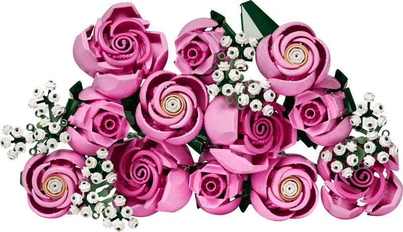 Close-up of the assembled LEGO Bouquet of Pink Roses, showing multiple pink roses and small white baby's breath flowers.