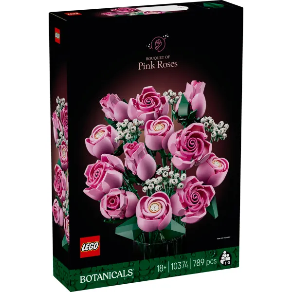 LEGO Botanicals Bouquet of Pink Roses 10374 box, featuring an arrangement of 12 pink roses and baby's breath.