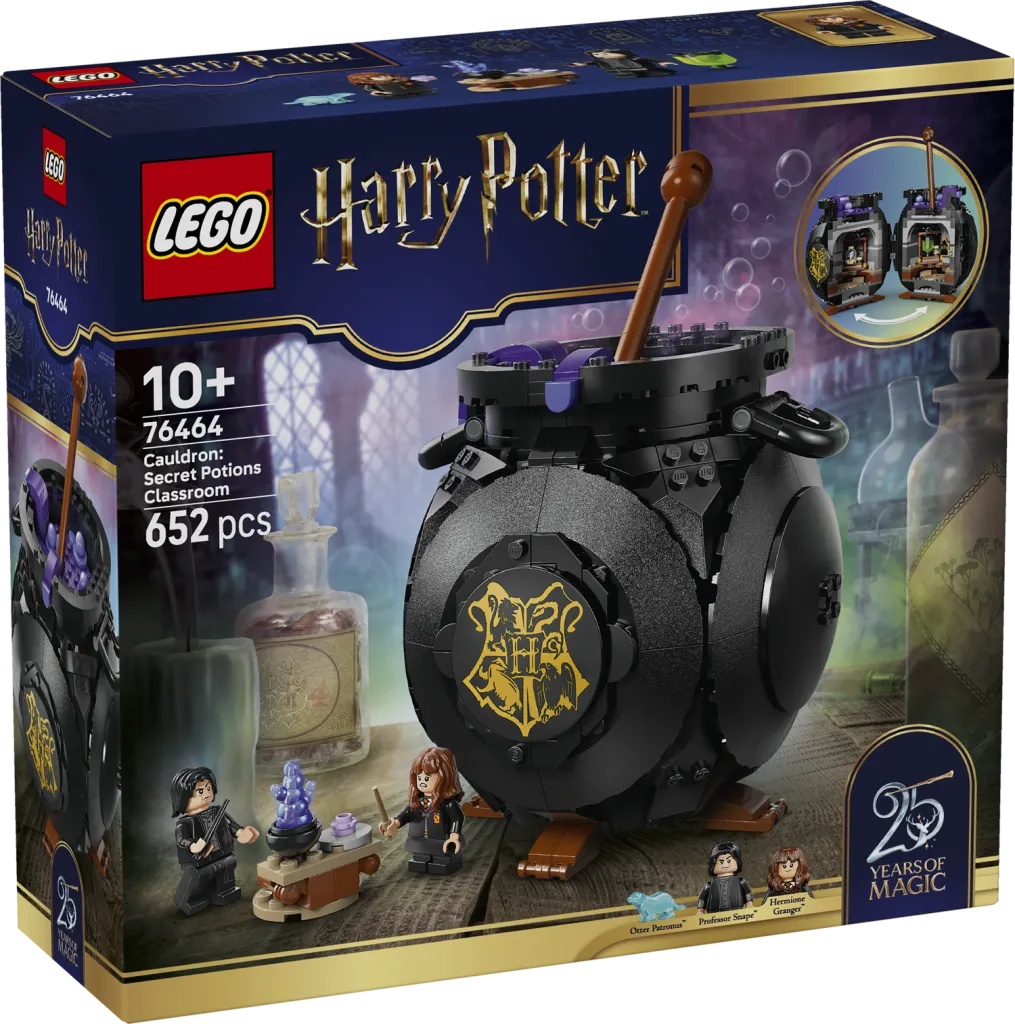 A LEGO Harry Potter Cauldron: Secret Potions Classroom set box featuring a black cauldron, minifigures of Harry Potter and Hermione Granger, and various potion elements.