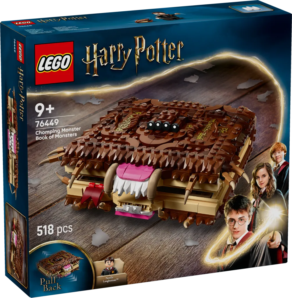 Front view of the LEGO Harry Potter 76449 Chomping Monster Book of Monsters box, showing the book, minifigures, piece count, and age recommendation.