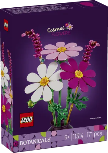 Lego Cosmos Flowers 11514 box front showing three flowers: two cosmos (pink and white) and one lavender-like stem, with "Botanicals" branding.