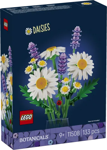 Front view of the LEGO Botanicals Daisies 11508 set box, showcasing a vibrant bouquet of white daisies and purple lavender in a clear vase.