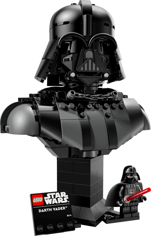 The Lego Darth Vader Bust 75439, fully assembled and standing on a white background. The detailed bust features the helmet and upper chest of Darth Vader, alongside a small Darth Vader minifigure and a display plaque.