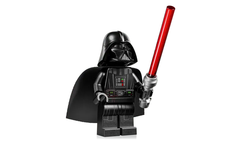 A close-up shot of the Lego Darth Vader minifigure, holding a red lightsaber. The minifigure is detailed with Vader's signature black suit, cape, and helmet.