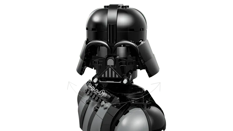 An internal view of the Lego Darth Vader Bust, showing the construction details of the helmet and upper torso, with arrows indicating pivot points for articulation.