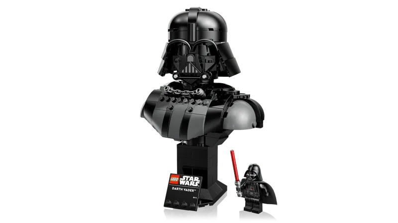 The Lego Darth Vader Bust 75439, fully assembled and viewed straight on. The model is presented with its display stand, plaque, and the accompanying Darth Vader minifigure.
