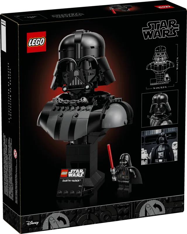 Front view of the Lego Darth Vader Bust 75439 box, showcasing the assembled model of Darth Vader's helmet and chest, a Darth Vader minifigure, and product details. The box is predominantly black with red accents.