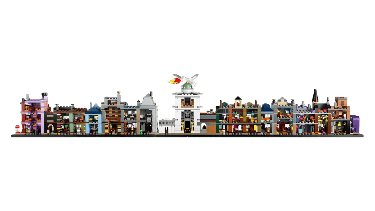 Rear view of linear Diagon Alley model, interiors visible.