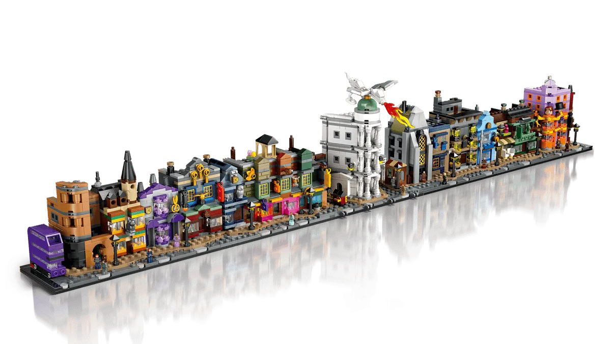 Angled linear view of Diagon Alley model.