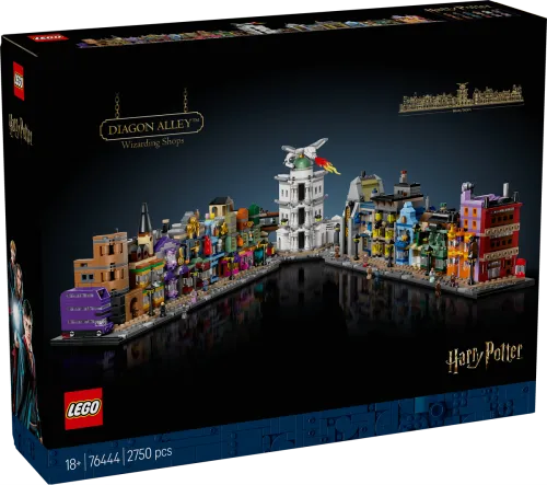 Front of the LEGO Diagon Alley™ Wizarding Shops box, showing the assembled model in a V-shape display. The box is dark blue with the LEGO and Harry Potter logos.