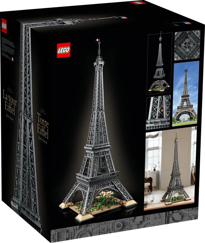 Rear view of the black box for the LEGO Eiffel Tower 10307 set, displaying various angles and close-ups of the completed model, including a lifestyle shot.