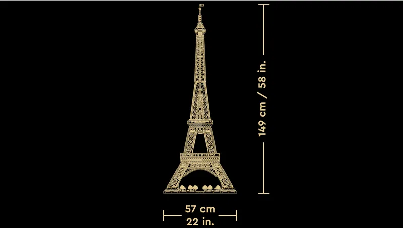 A graphic displaying the dimensions of the LEGO Eiffel Tower 10307 model, showing its height as 149 cm / 58 in and width as 57 cm / 22 in, against a black background.