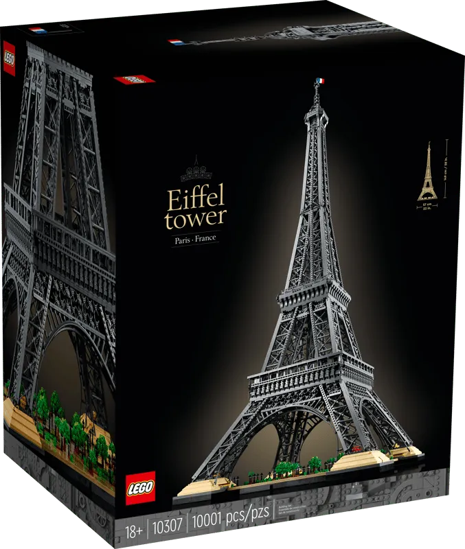 Front view of the black box for the LEGO Eiffel Tower 10307 set, showing the completed model against a black background with "Eiffel Tower Paris - France" text and piece count "10001 pcs".