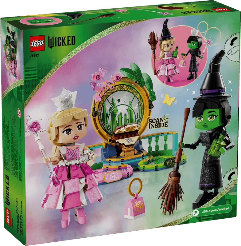 Back of the Lego Wicked Elphaba & Glinda Figures 75682 box, showing alternate views of the figures, accessories, and a QR code for more content.