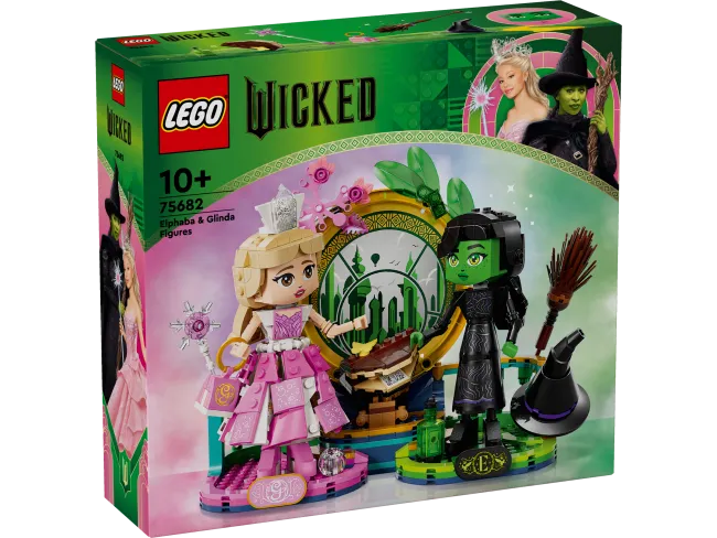 Front view of the Lego Wicked Elphaba & Glinda Figures 75682 box, showcasing the two brick-built figures and a decorative backdrop.