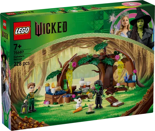 The front of the LEGO Wicked Elphaba's Retreat box showing Elphaba and Fiyero minifigures with a green forest background.