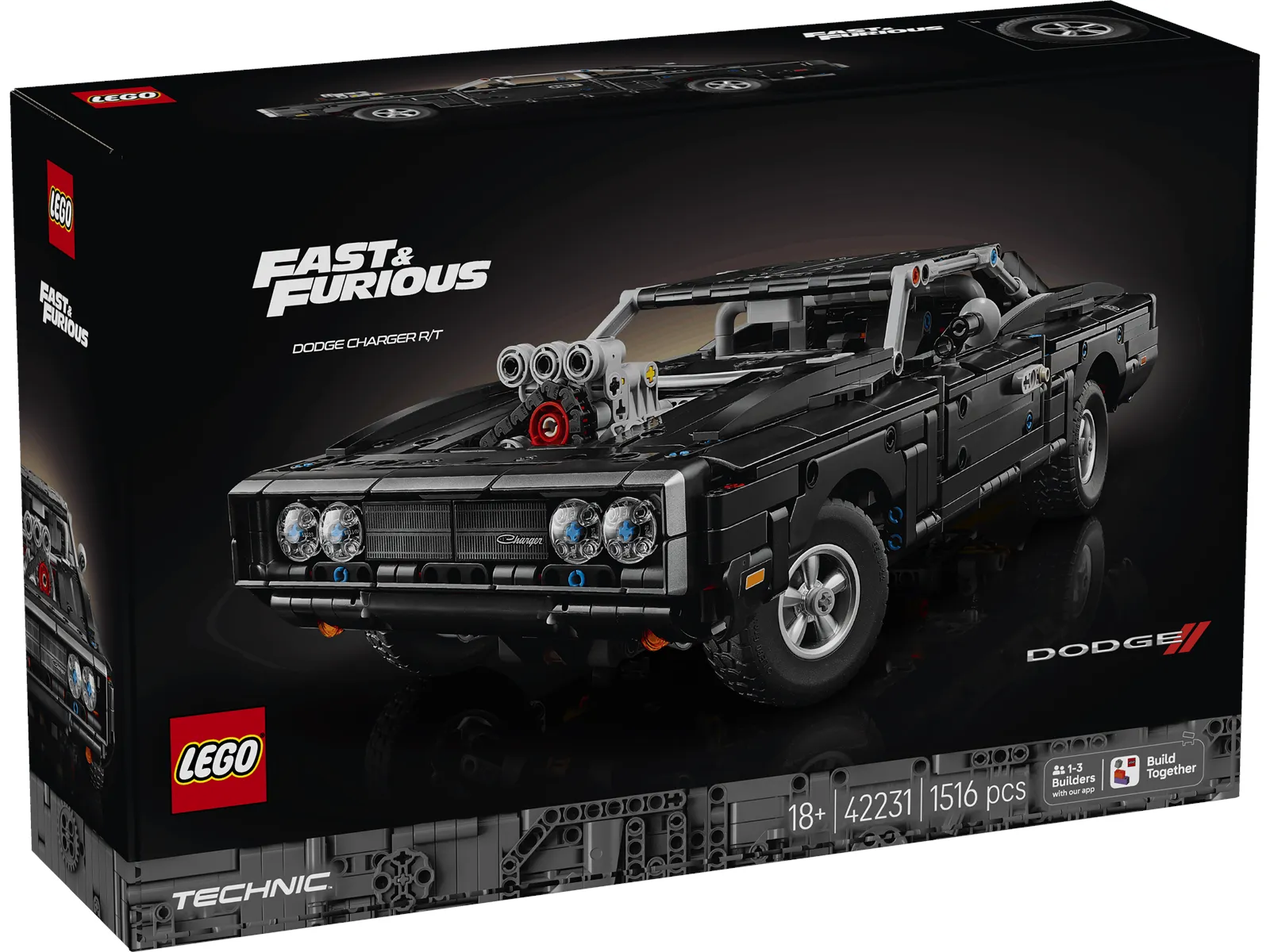 Front view of the LEGO Fast and Furious Dodge Charger R/T Car 42231 box, showcasing the assembled black muscle car with its exposed supercharger.