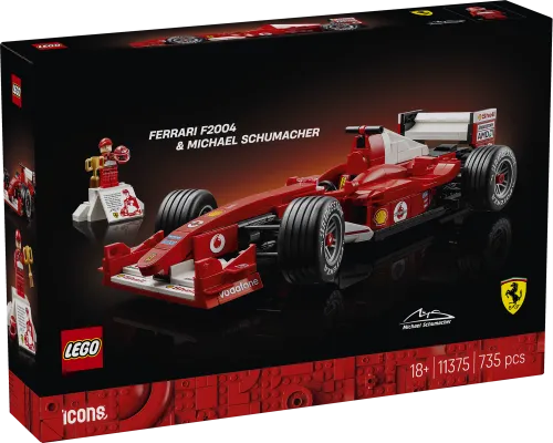 Front of the LEGO box for the Ferrari F2004 & Michael Schumacher set, showing the car model and minifigure, set number, piece count, and 'LEGO Icons' branding.
