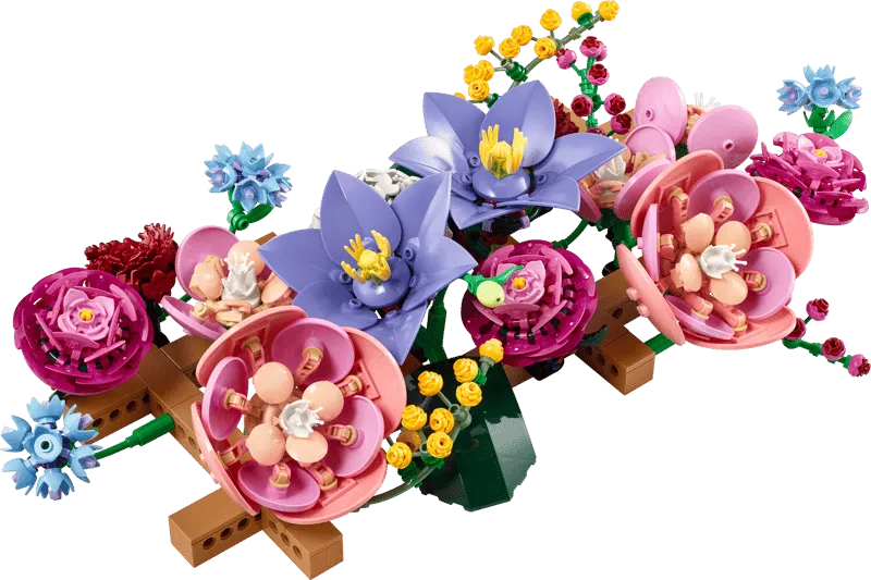 Close-up of diverse LEGO flowers