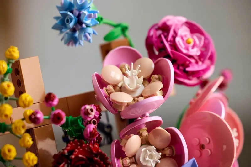 Close-up of pink and red LEGO flowers