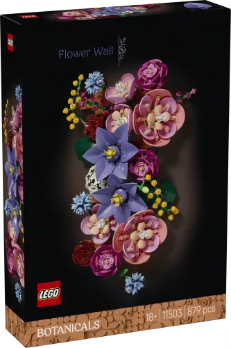 Front of the LEGO Flower Wall 11503 box, showcasing the vibrant arrangement of brick-built flowers on a black background. The set number, piece count, and 'Botanicals' theme are visible.