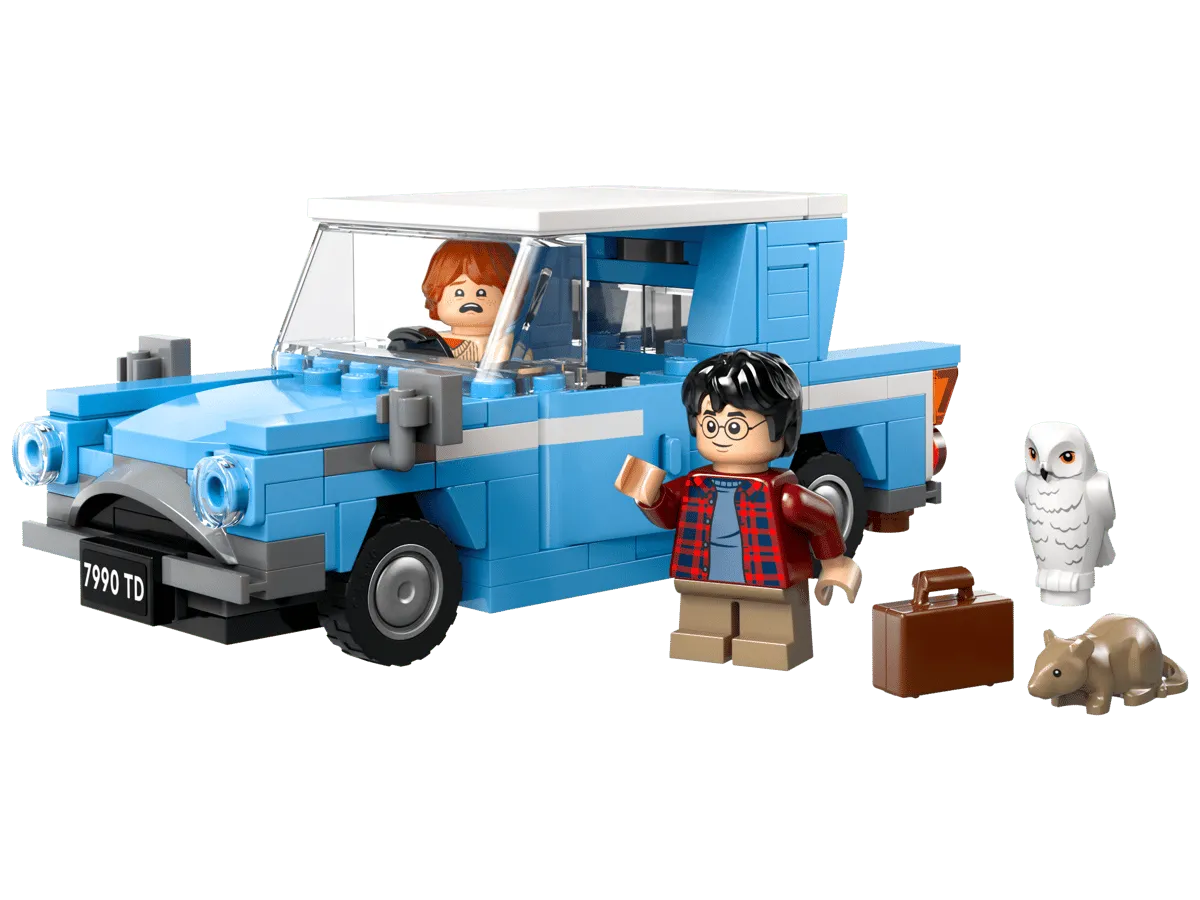Assembled Ford Anglia with minifigures.