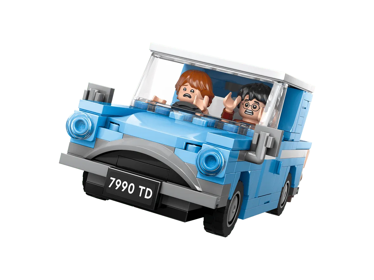 Flying Ford Anglia with scared minifigures.