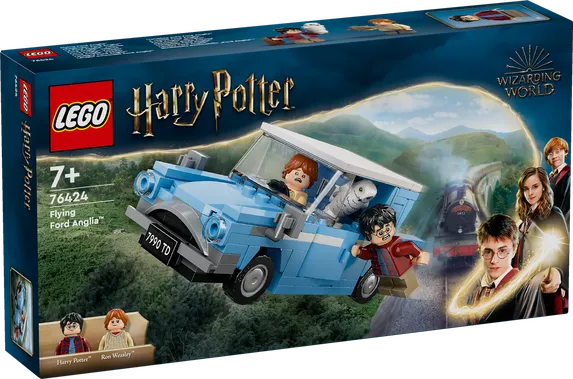 Front view of the LEGO Harry Potter Flying Ford Anglia set box, showing the light blue car flying over a landscape with Harry Potter and Ron Weasley inside, and other characters on the right.