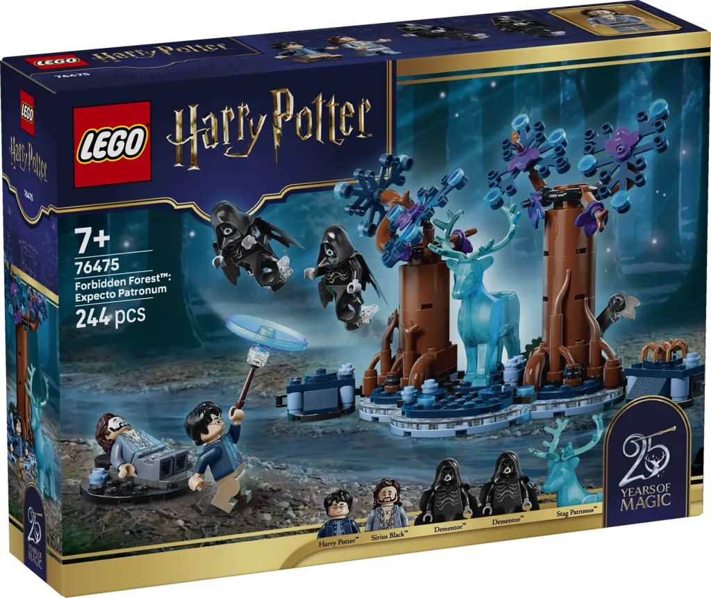 Front view of the LEGO Harry Potter Forbidden Forest Expecto Patronum set box, showing Harry Potter, Sirius Black, two Dementors, and a Stag Patronus build.