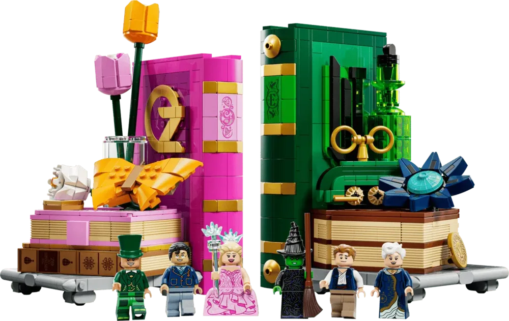 Full assembled bookends and minifigures.
