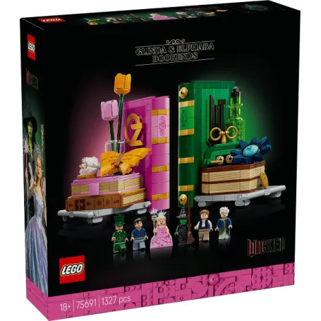 The front of the LEGO Glinda & Elphaba Bookends box, showcasing the pink and green bookends with minifigures at the base, on a black background.