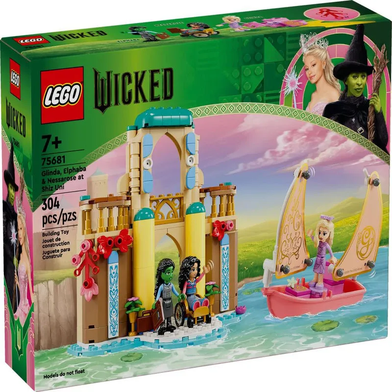LEGO Wicked Glinda Elphaba Nessarose Shiz box front with three minifigures, a tan archway building, and a pink boat.