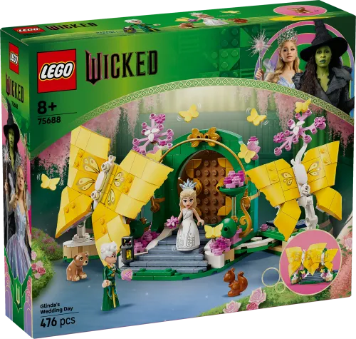 Front view of the LEGO Wicked Glinda's Wedding Day set box, featuring Glinda in a white dress, Elphaba in green, and a central green arch with large yellow butterfly wings.