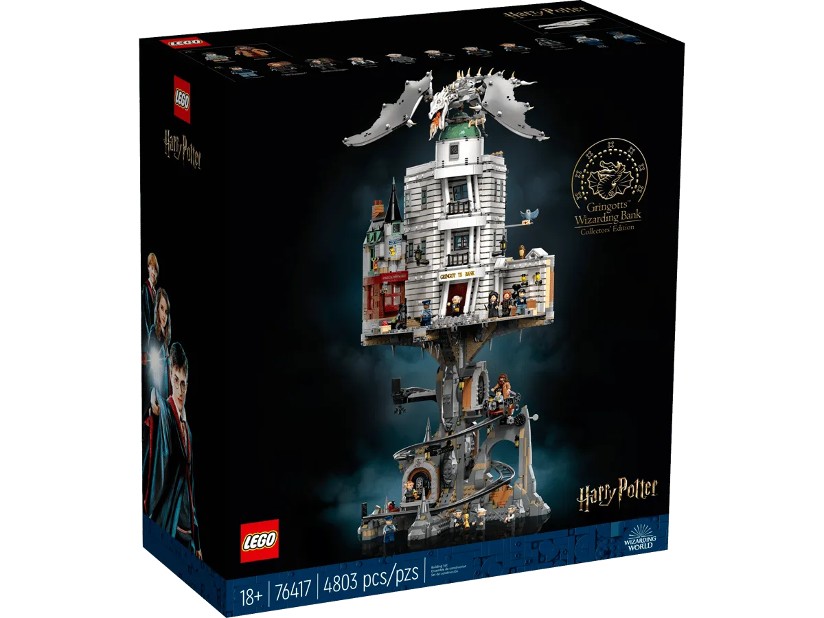 The front of the LEGO Harry Potter Gringotts Wizarding Bank – Collectors' Edition box, showcasing the completed model with the Ukrainian Ironbelly dragon atop the bank and the Gringotts vault system below. The box indicates 18+, set 76417, and 4803 pieces.