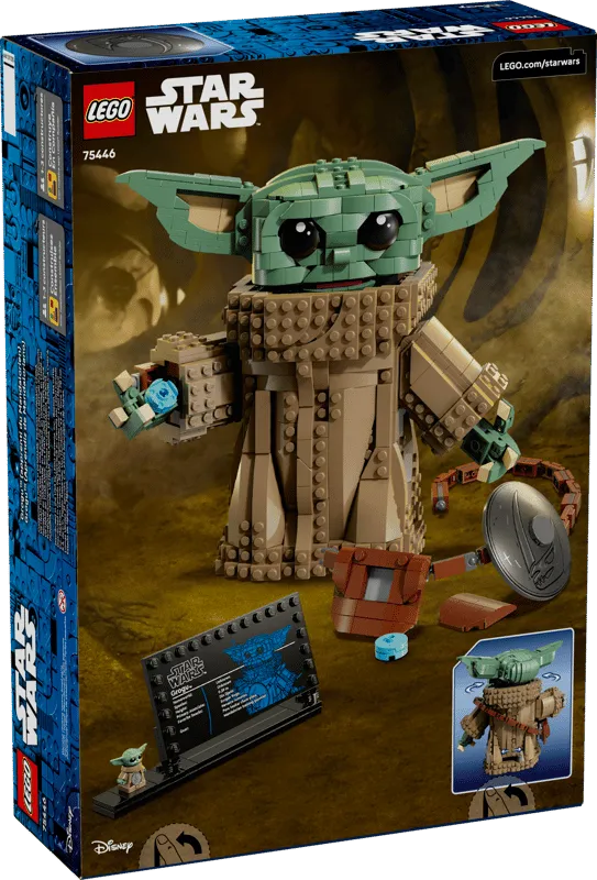 Back view of LEGO Grogu 75446 box, showing articulation.