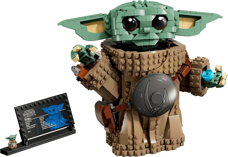 LEGO Grogu with shifter knob and plaque.