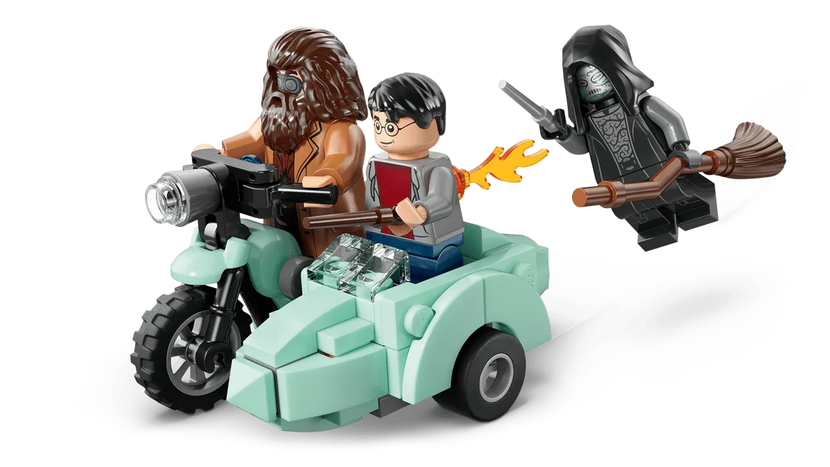 Hagrid, Harry, Death Eater chase.