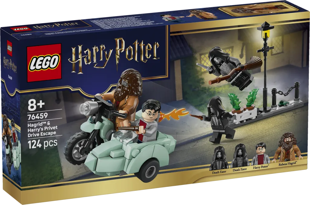 Front view of the LEGO Harry Potter set 76459 box, showing Hagrid and Harry on a motorcycle with a sidecar, chased by two Death Eaters near a streetlamp.
