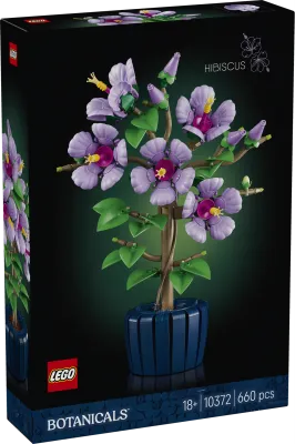 Lego Botanicals Hibiscus 10372 box, displaying the finished lavender hibiscus plant in a dark blue pot against a dark background with "LEGO BOTANICALS" at the bottom.