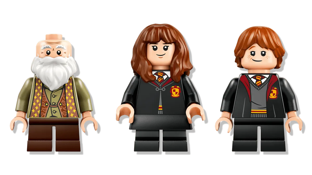 Professor Flitwick, Hermione, and Ron minifigures.