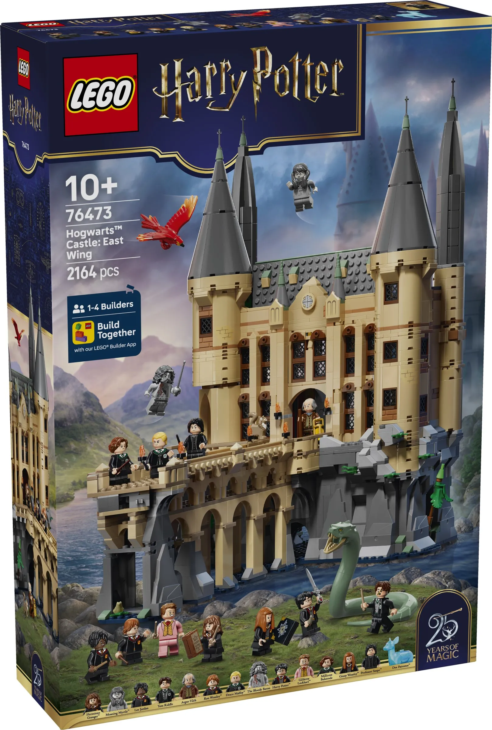 Front of the LEGO Harry Potter Hogwarts Castle: East Wing box, showcasing the built model, minifigures, and key features like the Basilisk and Phoenix.