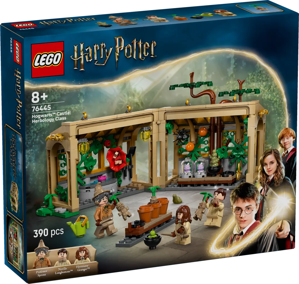 The LEGO Harry Potter Hogwarts Castle Herbology Class set box, featuring Professor Sprout, Neville, Hermione, and Harry, with the greenhouse open to display detailed interior scenes and various magical plants.