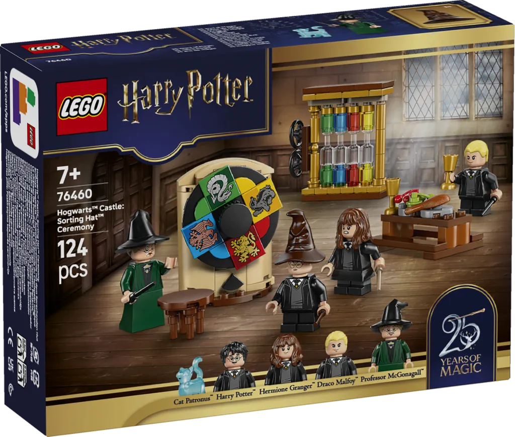 LEGO Harry Potter Hogwarts Castle Sorting Hat Ceremony set 76460 box art, showing minifigures of Professor McGonagall, Harry Potter, Hermione Granger, and Draco Malfoy around a spinning Sorting Hat and dining table.