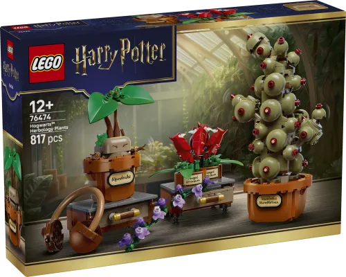 Front view of the LEGO Harry Potter Hogwarts Herbology Plants set box, featuring three magical plant builds.