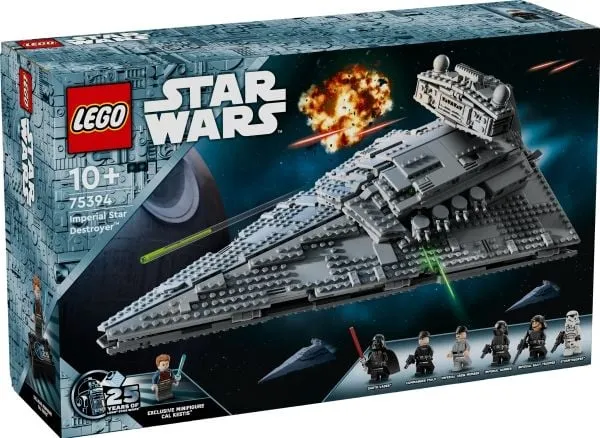 Back view of the Lego Imperial Star Destroyer 75394-1 box, showing interior play features and minifigures.