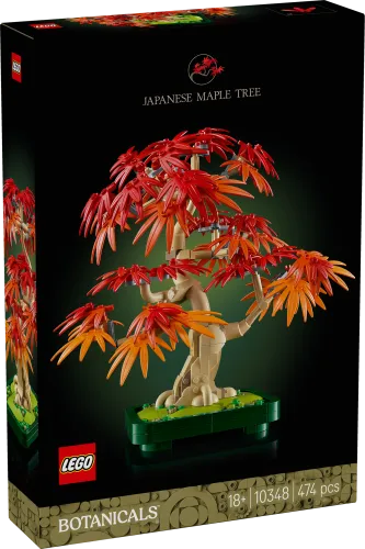 Front of the LEGO Japanese Red Maple Tree 10348 box, featuring the assembled model with vibrant red and orange leaves against a dark background, showing set number, piece count, and 'Botanicals' theme.